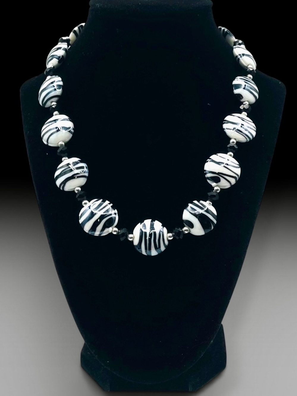 Vintage Black and White Zebra Glass Bead Statement Necklace